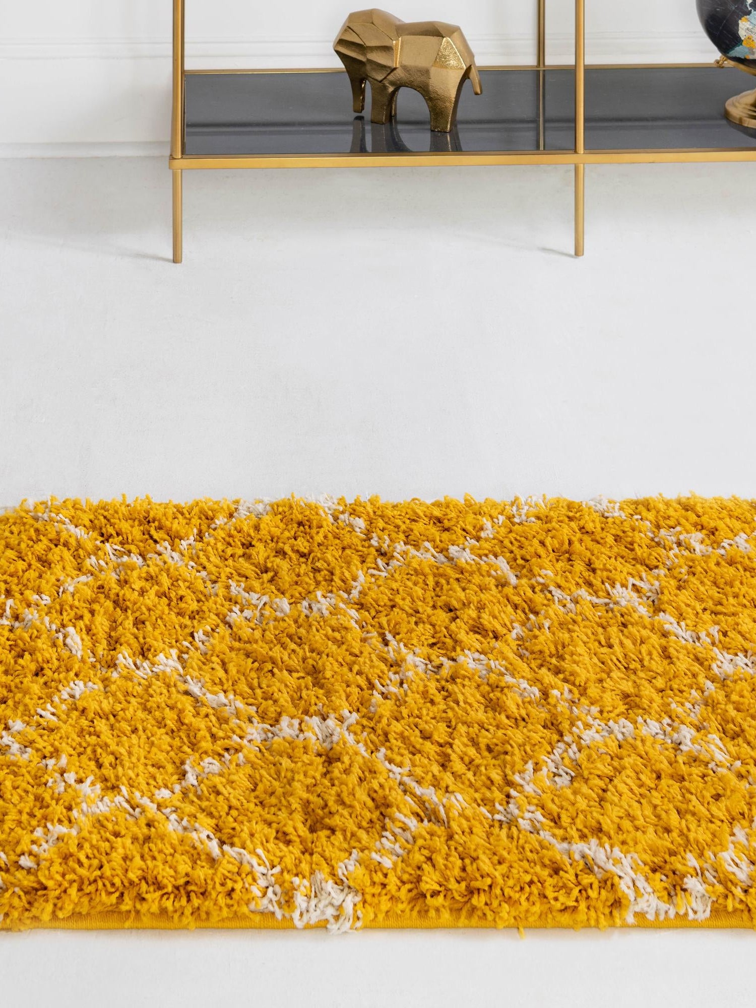 Yellow 2' x 8' Trellis Shag Runner Area Rug Thick Soft Touch Fluffy & Plush Shaggy Pile Geometric Modern Unique Carpet for Home Interior Design for Sale at Rug Engine