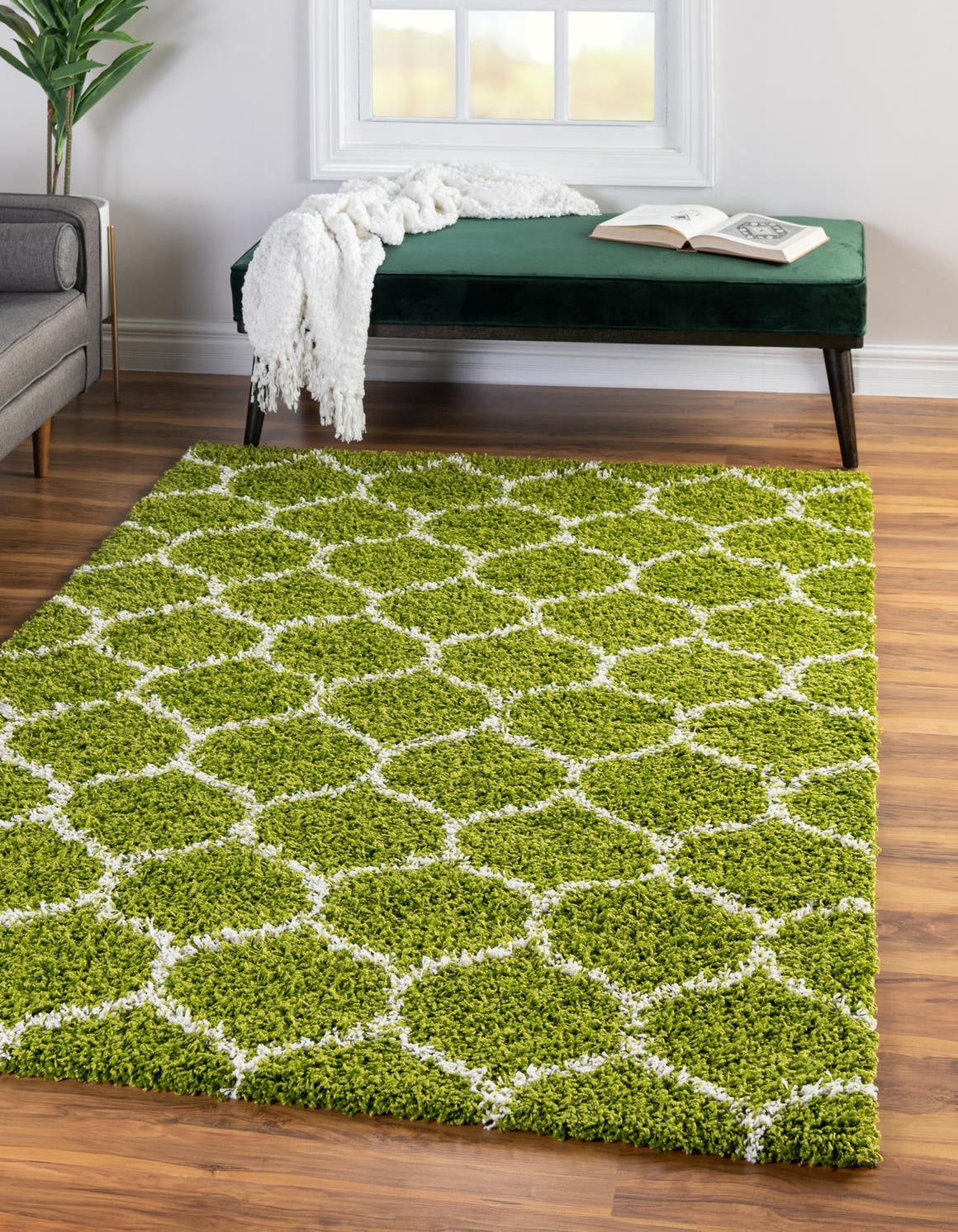Green 5' 3 x 8' Trellis Shag Rectangle Area Rug Thick Soft Touch Fluffy & Plush Shaggy Pile Geometric Modern Unique Carpet for Home Interior Design for Sale at Rug Engine