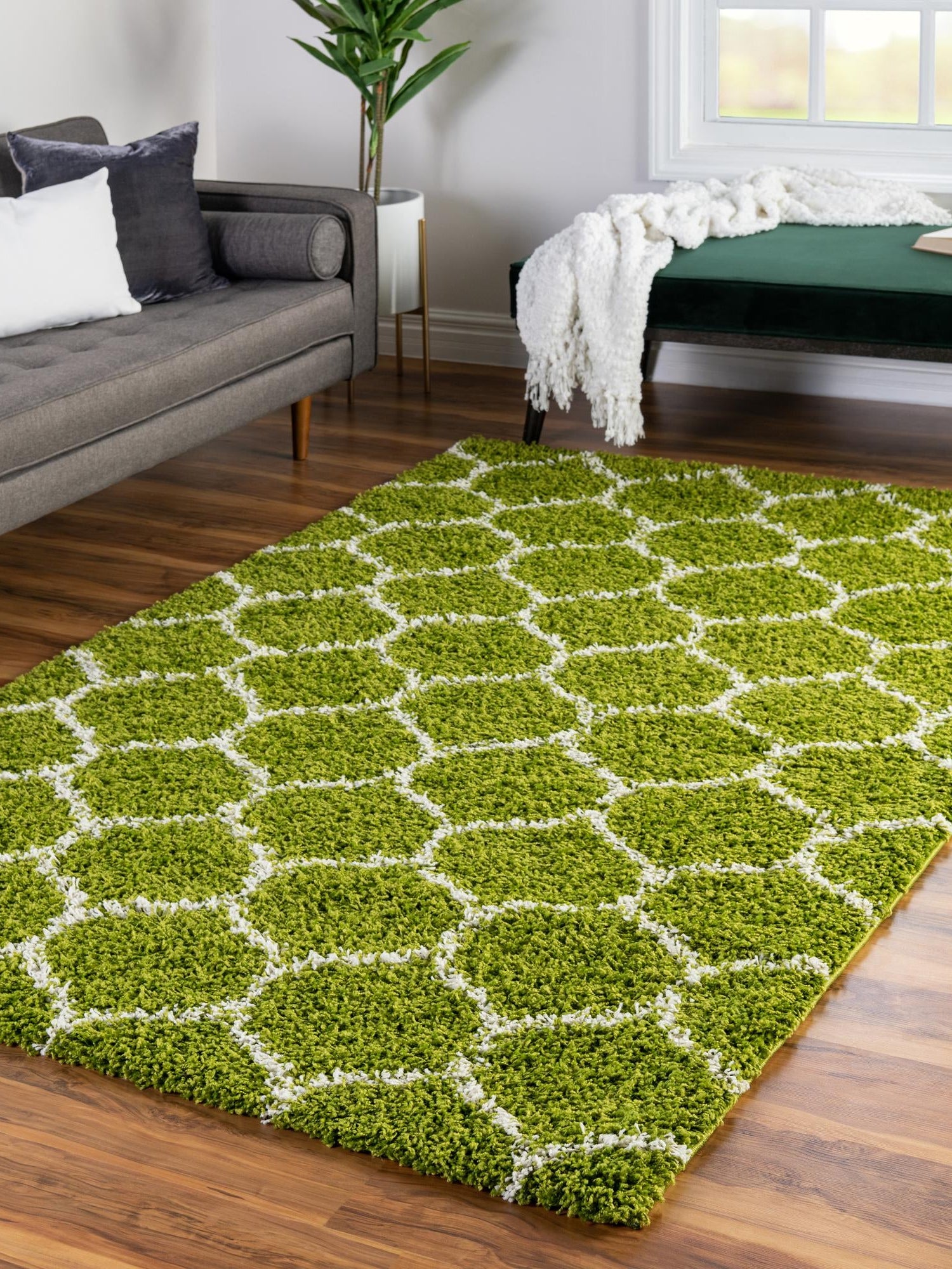 Green 4' x 6' Trellis Shag Rectangle Area Rug Thick Soft Touch Fluffy & Plush Shaggy Pile Geometric Modern Unique Carpet for Home Interior Design for Sale at Rug Engine