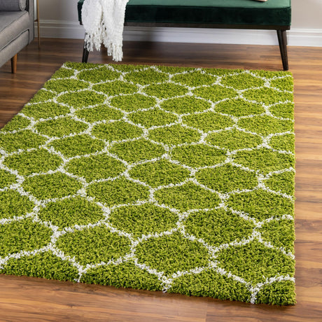 Green 9' x 12' Trellis Shag Rectangle Area Rug Thick Soft Touch Fluffy & Plush Shaggy Pile Geometric Modern Unique Carpet for Home Interior Design for Sale at Rug Engine