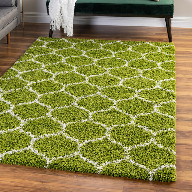 Green 9' x 12' Trellis Shag Rectangle Area Rug Thick Soft Touch Fluffy & Plush Shaggy Pile