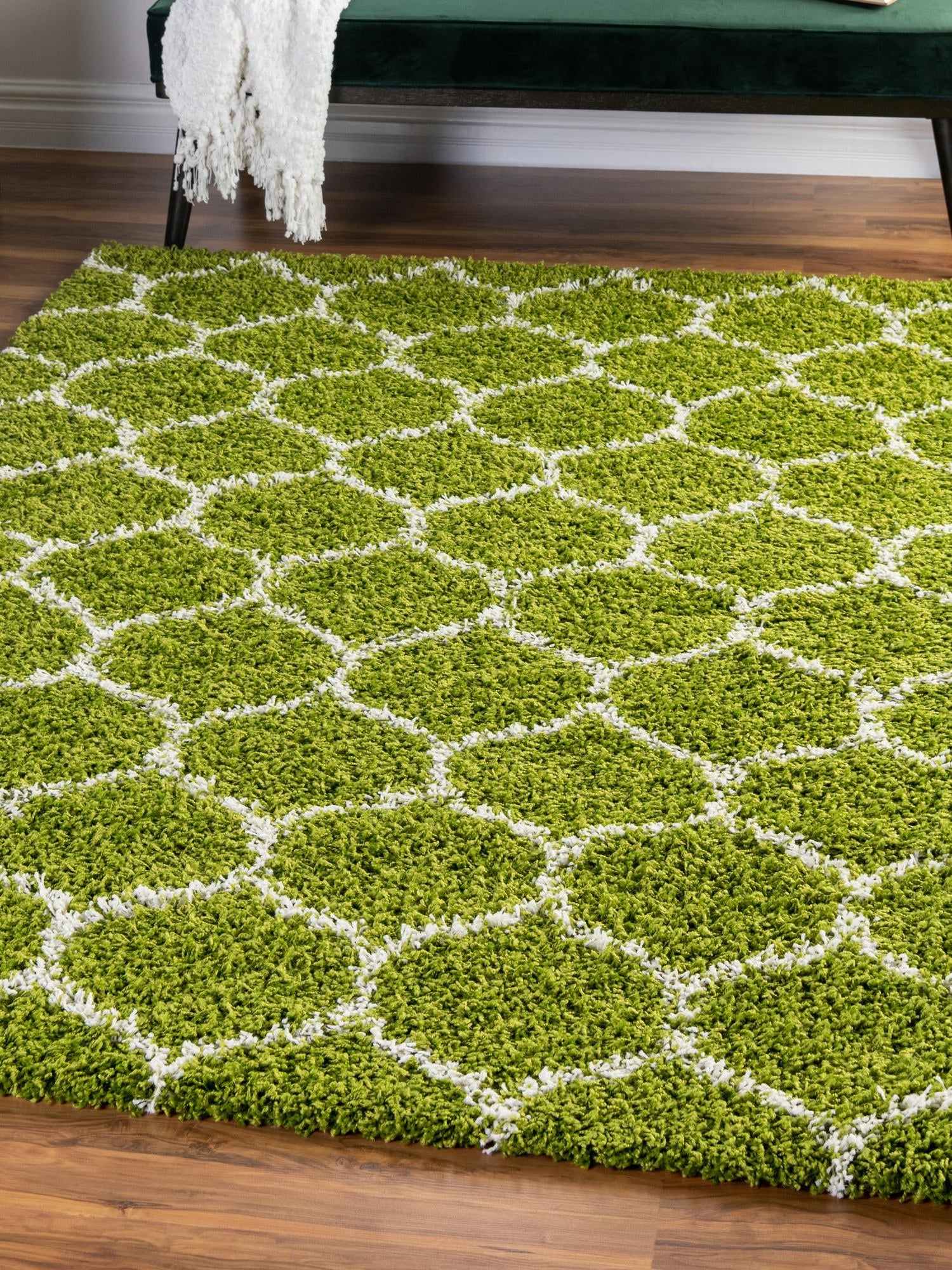 Green 10' x 13' Trellis Shag Rectangle Area Rug Thick Soft Touch Fluffy & Plush Shaggy Pile Geometric Modern Unique Carpet for Home Interior Design for Sale at Rug Engine