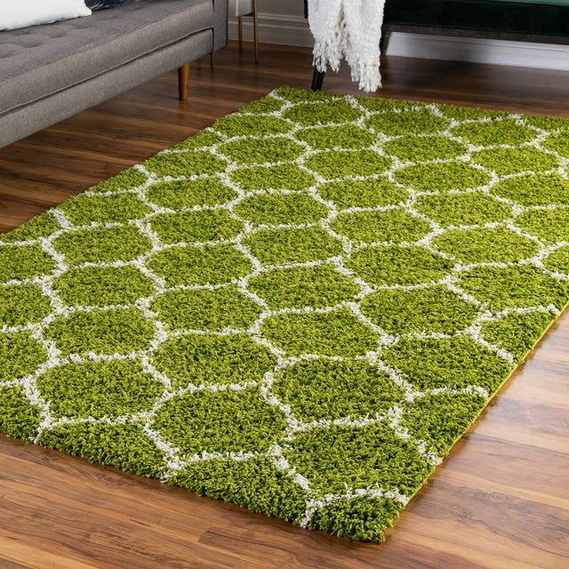 Green 9' x 12' Trellis Shag Rectangle Area Rug Thick Soft Touch Fluffy & Plush Shaggy Pile