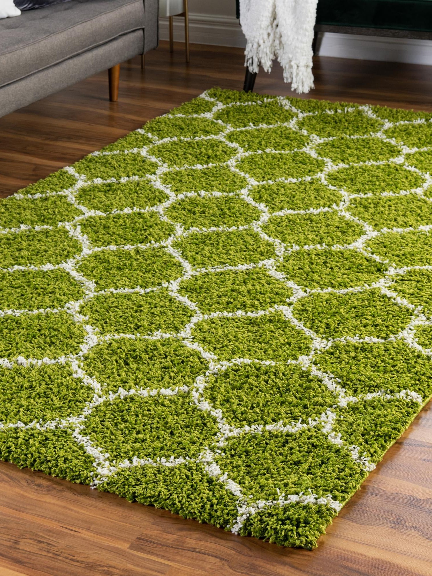 Green 2' x 3' Trellis Shag Rectangle Area Rug Thick Soft Touch Fluffy & Plush Shaggy Pile Geometric Modern Unique Carpet for Home Interior Design for Sale at Rug Engine