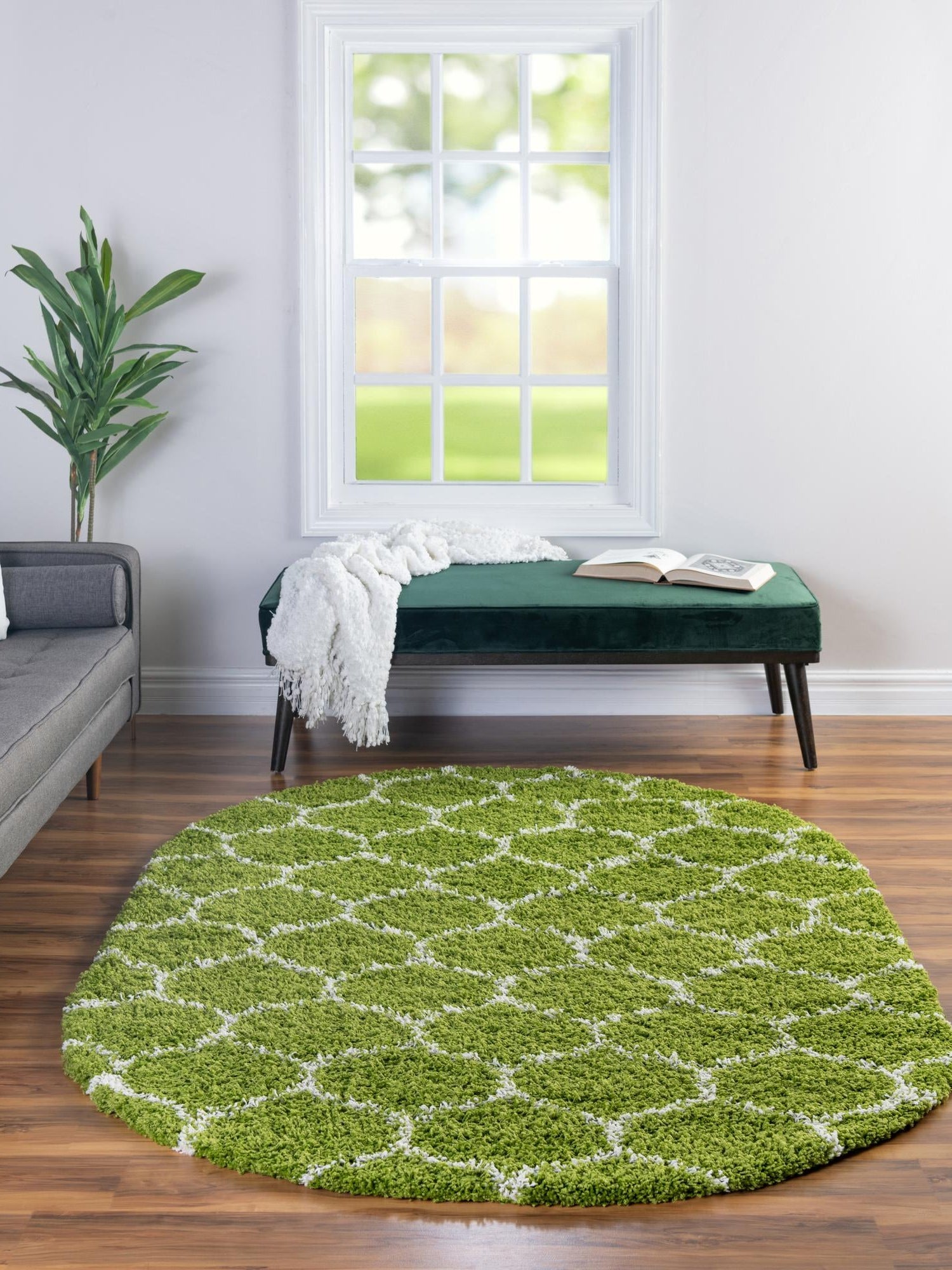 Green 4' x 6' Trellis Shag Oval Area Rug Thick Soft Touch Fluffy & Plush Shaggy Pile Geometric Modern Unique Carpet for Home Interior Design for Sale at Rug Engine