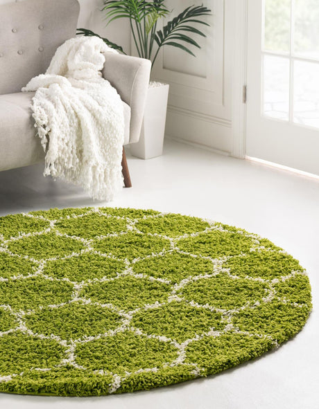 Green 7' 10 x 7' 10 Trellis Shag Round Area Rug Thick Soft Touch Fluffy & Plush Shaggy Pile