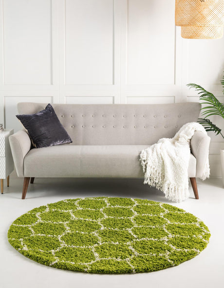 Green 7' 10 x 7' 10 Trellis Shag Round Area Rug Thick Soft Touch Fluffy & Plush Shaggy Pile