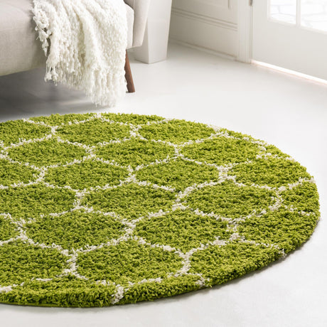 Green 5' 3 x 5' 3 Trellis Shag Round Area Rug Thick Soft Touch Fluffy & Plush Shaggy Pile Geometric Modern Unique Carpet for Home Interior Design for Sale at Rug Engine