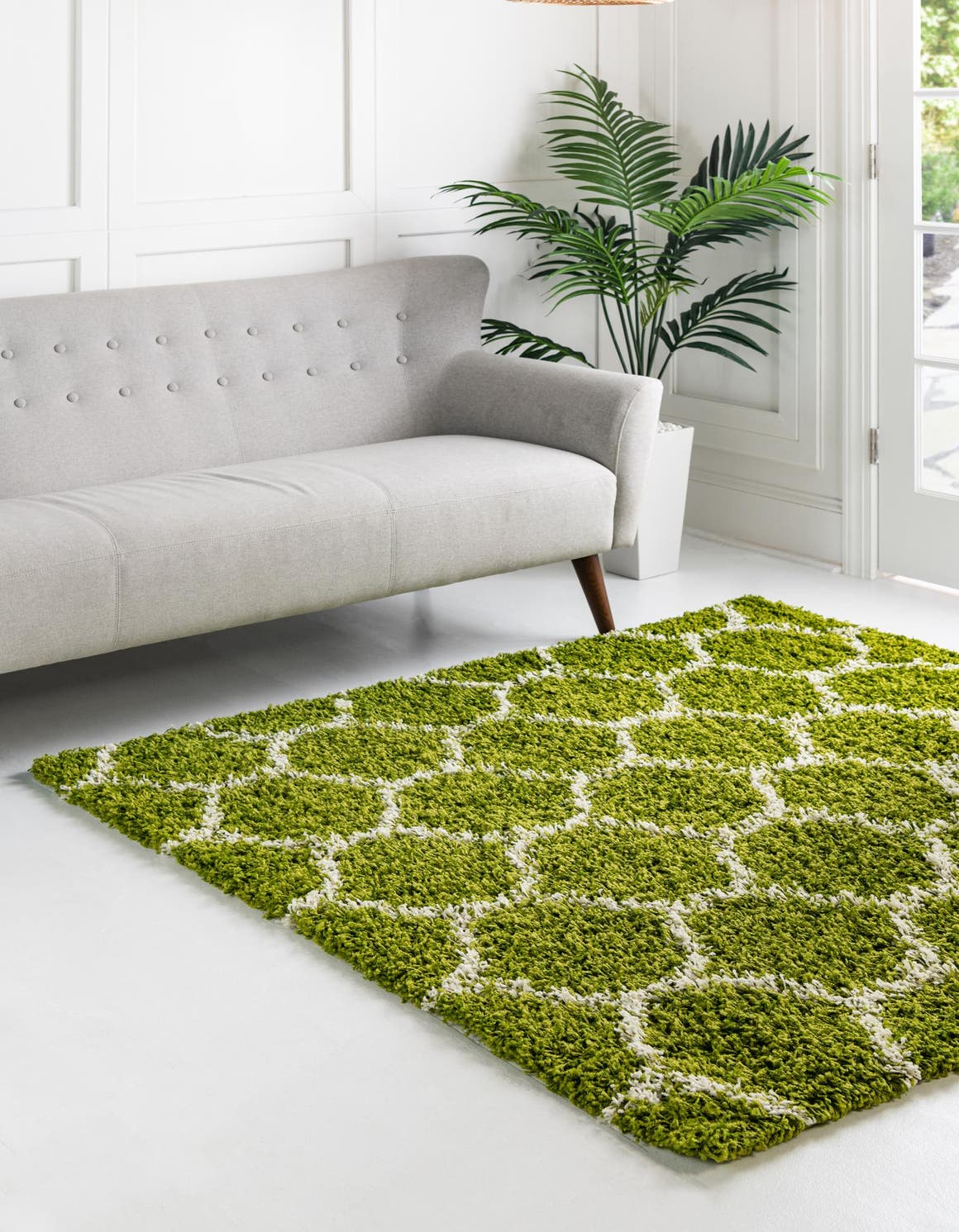 Green 4' x 4' Trellis Shag Square Area Rug Thick Soft Touch Fluffy & Plush Shaggy Pile Geometric Modern Unique Carpet for Home Interior Design for Sale at Rug Engine