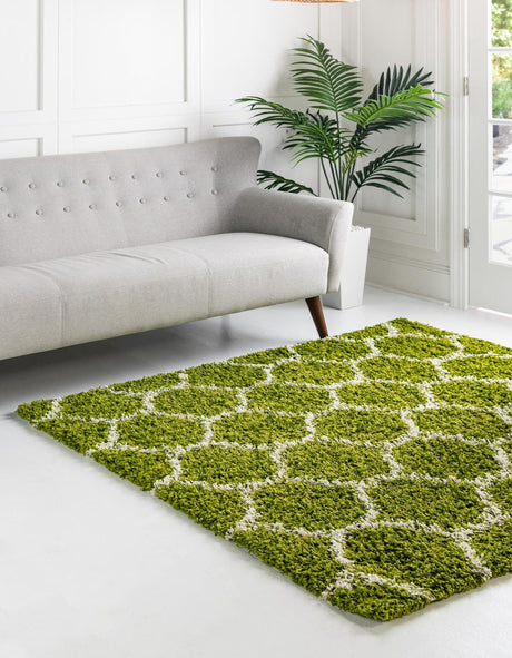 Green 4' x 4' Trellis Shag Square Area Rug Thick Soft Touch Fluffy & Plush Shaggy Pile