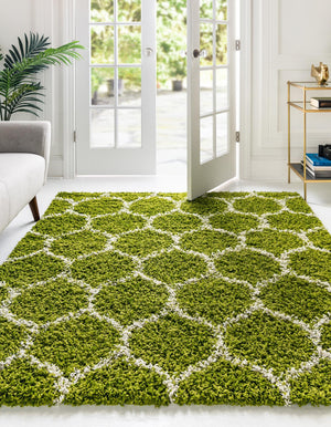 Green 4' x 4' Trellis Shag Square Area Rug Thick Soft Touch Fluffy & Plush Shaggy Pile