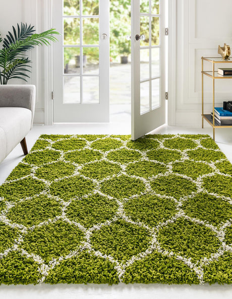 Green 4' x 4' Trellis Shag Square Area Rug Thick Soft Touch Fluffy & Plush Shaggy Pile