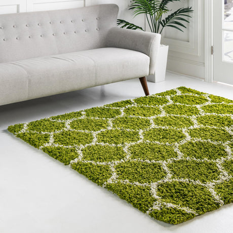 Green 10' x 10' Trellis Shag Square Area Rug Thick Soft Touch Fluffy & Plush Shaggy Pile Geometric Modern Unique Carpet for Home Interior Design for Sale at Rug Engine