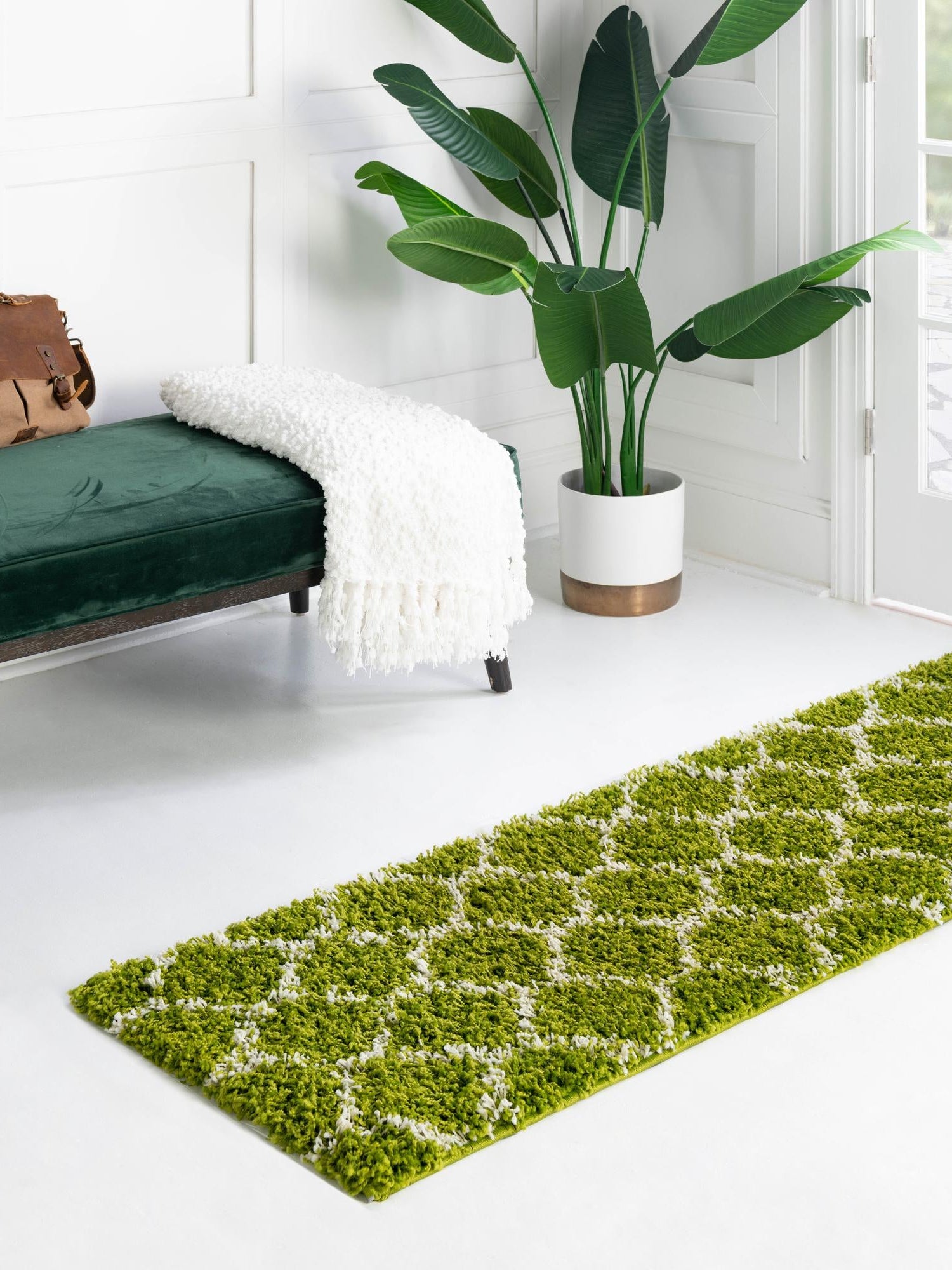 Green 3' 3 x 16' 5 Trellis Shag Runner Area Rug Thick Soft Touch Fluffy & Plush Shaggy Pile Geometric Modern Unique Carpet for Home Interior Design for Sale at Rug Engine