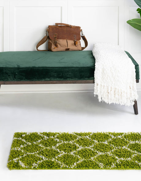 Green 2' x 8' Trellis Shag Runner Area Rug Thick Soft Touch Fluffy & Plush Shaggy Pile Geometric Modern Unique Carpet for Home Interior Design for Sale at Rug Engine
