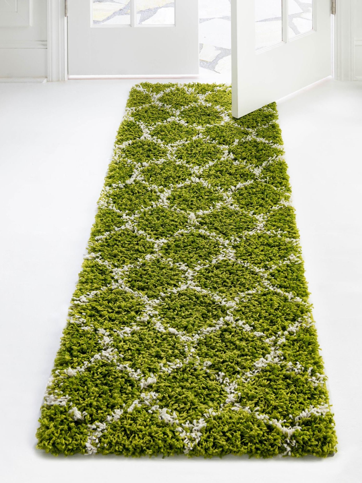 Green 3' 3 x 16' 5 Trellis Shag Runner Area Rug Thick Soft Touch Fluffy & Plush Shaggy Pile Geometric Modern Unique Carpet for Home Interior Design for Sale at Rug Engine