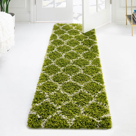 Green 2' 7 x 12' Trellis Shag Runner Area Rug Thick Soft Touch Fluffy & Plush Shaggy Pile Geometric Modern Unique Carpet for Home Interior Design for Sale at Rug Engine