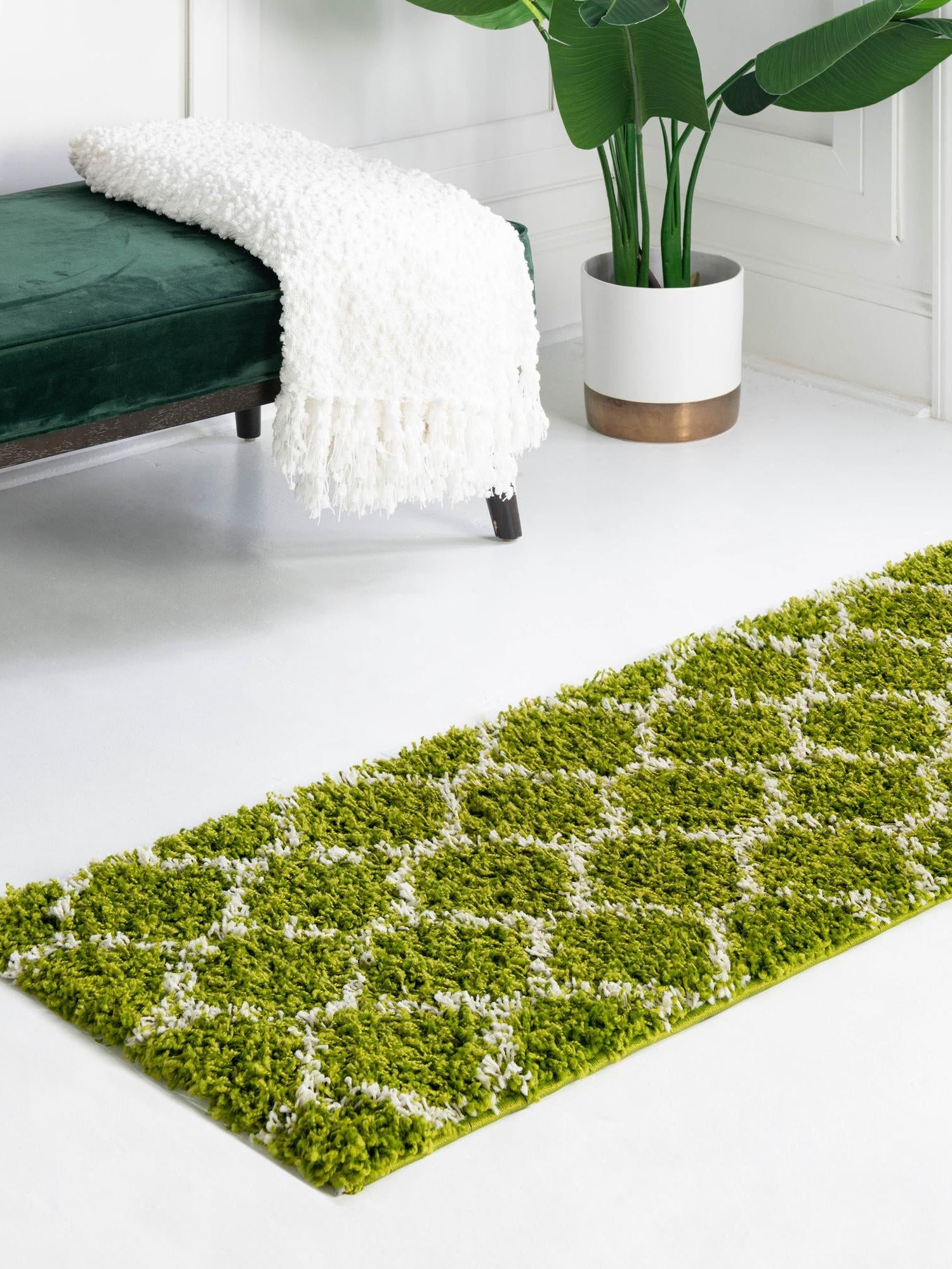 Green 2' 7 x 10' Trellis Shag Runner Area Rug Thick Soft Touch Fluffy & Plush Shaggy Pile Geometric Modern Unique Carpet for Home Interior Design for Sale at Rug Engine
