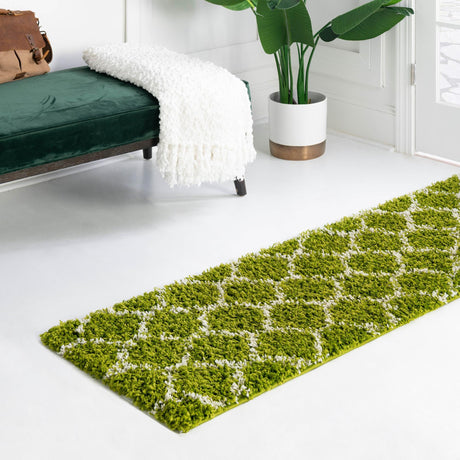 Green 2' 7 x 12' Trellis Shag Runner Area Rug Thick Soft Touch Fluffy & Plush Shaggy Pile Geometric Modern Unique Carpet for Home Interior Design for Sale at Rug Engine