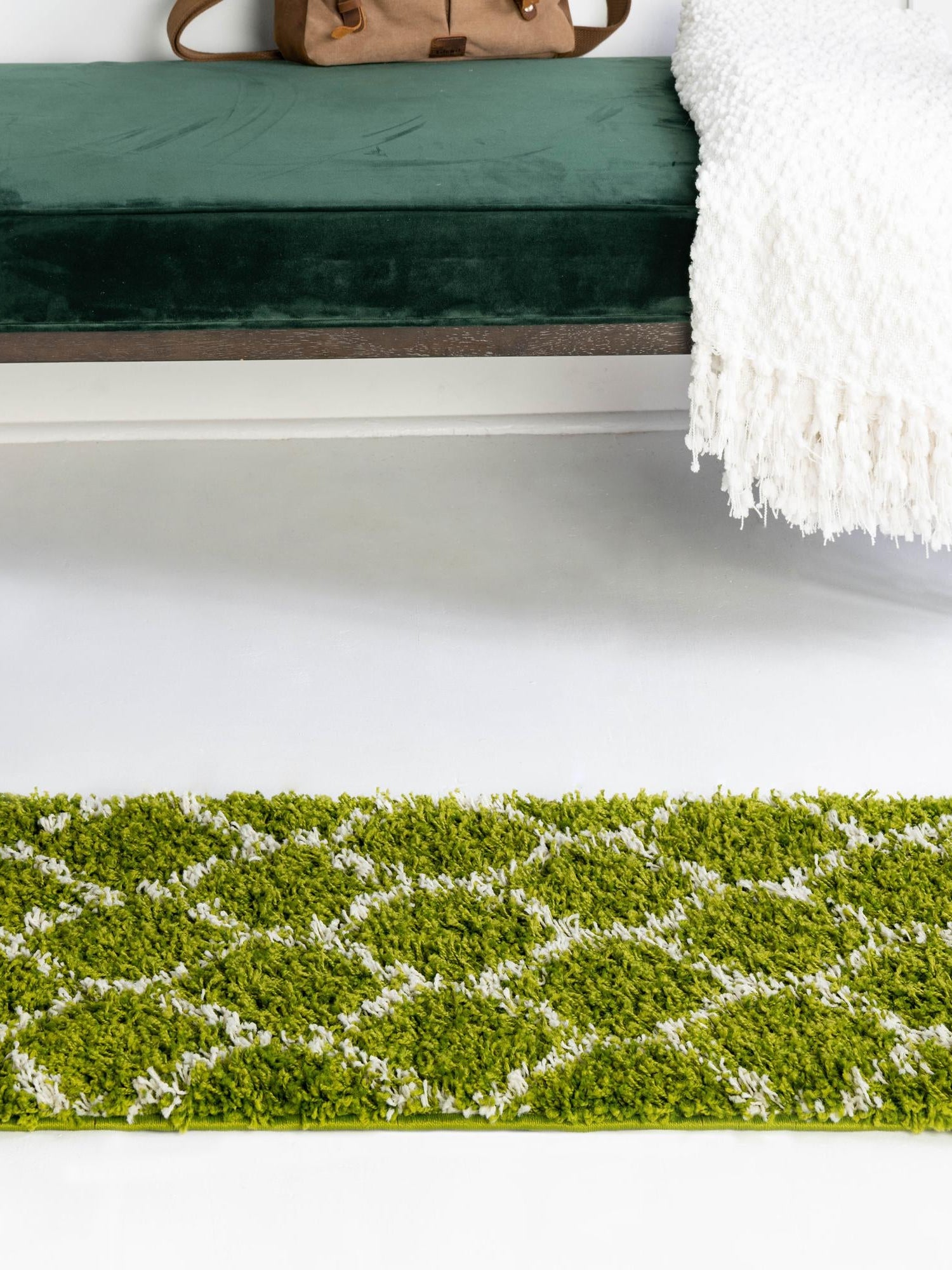 Green 2' x 7' Trellis Shag Runner Area Rug Thick Soft Touch Fluffy & Plush Shaggy Pile Geometric Modern Unique Carpet for Home Interior Design for Sale at Rug Engine
