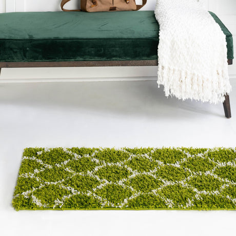 Green 2' x 5' Trellis Shag Runner Area Rug Thick Soft Touch Fluffy & Plush Shaggy Pile Geometric Modern Unique Carpet for Home Interior Design for Sale at Rug Engine
