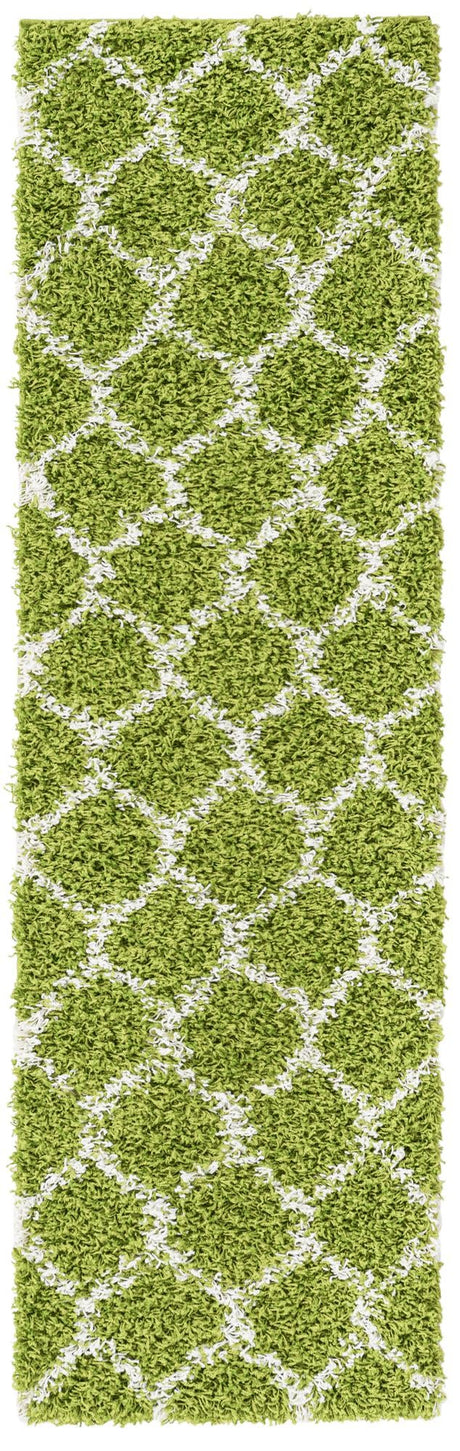 Green 2' x 7' Trellis Shag Runner Area Rug Thick Soft Touch Fluffy & Plush Shaggy Pile Geometric Modern Unique Carpet for Home Interior Design for Sale at Rug Engine