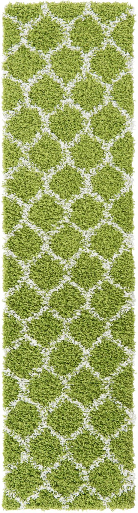 Green 2' x 8' Trellis Shag Runner Area Rug Thick Soft Touch Fluffy & Plush Shaggy Pile Geometric Modern Unique Carpet for Home Interior Design for Sale at Rug Engine