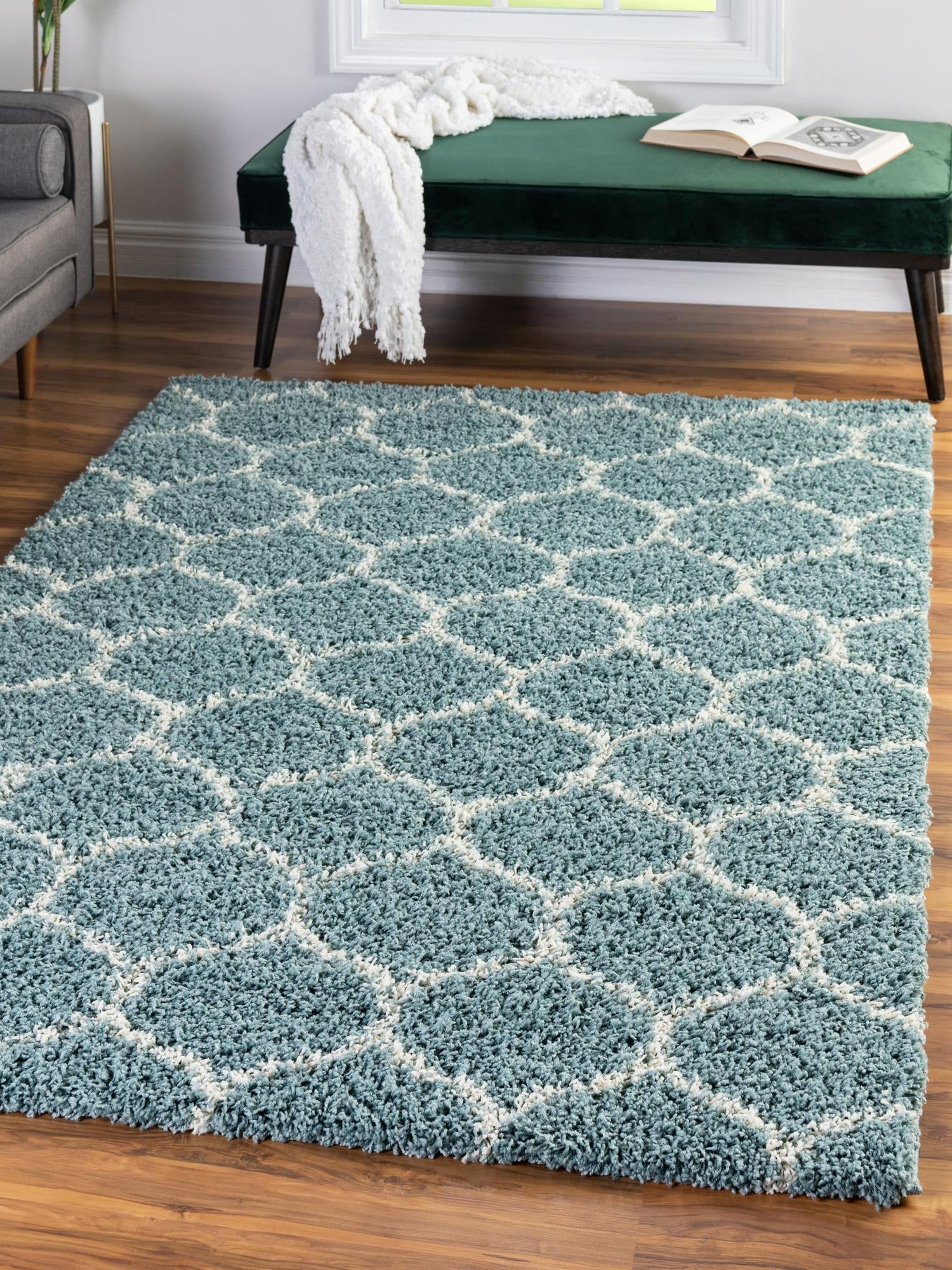 Light Blue 4' x 6' Trellis Shag Rectangle Area Rug Thick Soft Touch Fluffy & Plush Shaggy Pile Geometric Modern Unique Carpet for Home Interior Design for Sale at Rug Engine