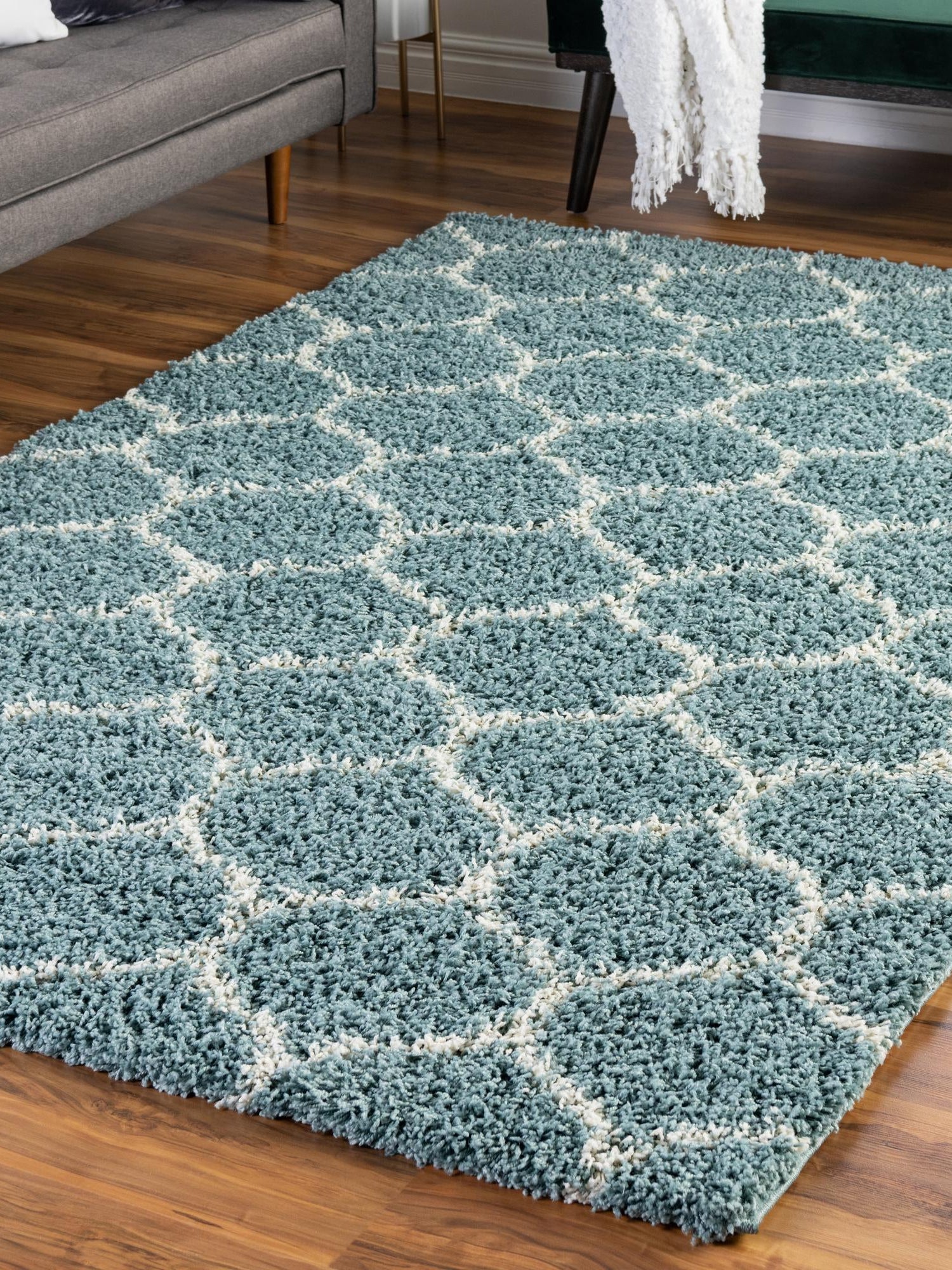 Light Blue 10' 8 x 14' Trellis Shag Rectangle Area Rug Thick Soft Touch Fluffy & Plush Shaggy Pile Geometric Modern Unique Carpet for Home Interior Design for Sale at Rug Engine
