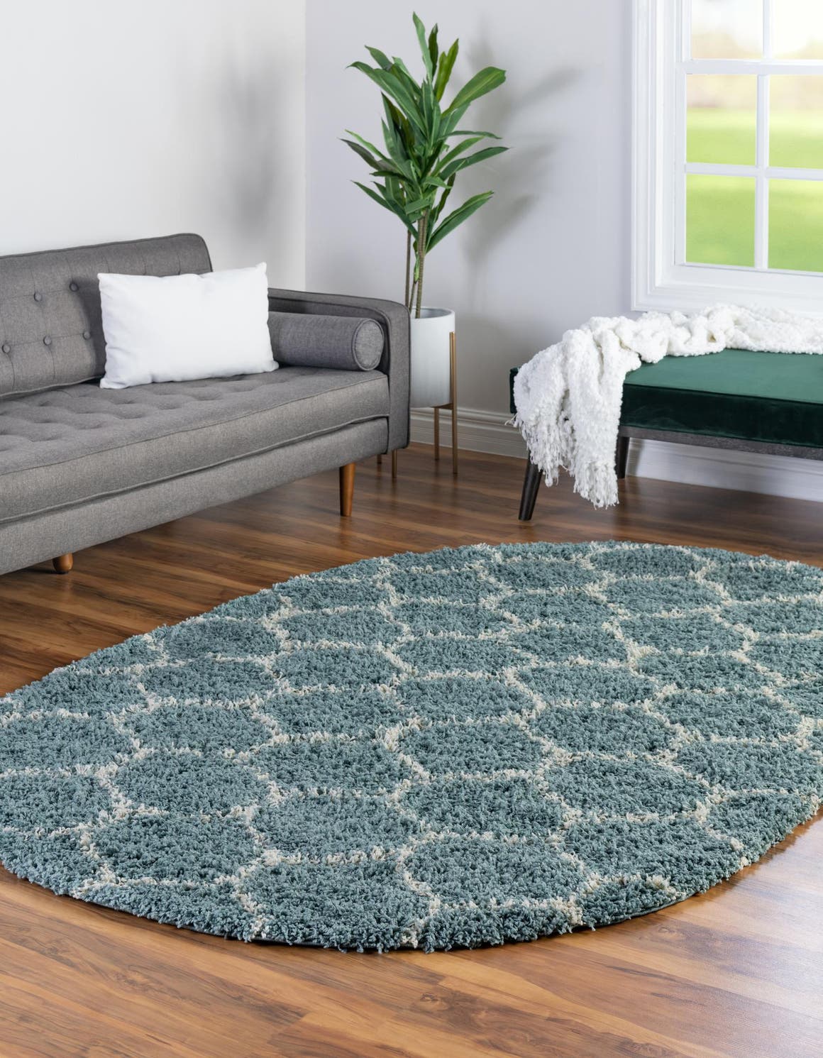 Light Blue 4' x 6' Trellis Shag Oval Area Rug Thick Soft Touch Fluffy & Plush Shaggy Pile Geometric Modern Unique Carpet for Home Interior Design for Sale at Rug Engine