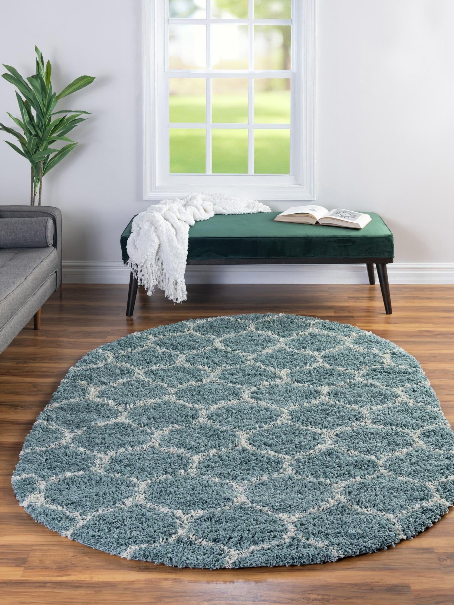 Light Blue 4' x 6' Trellis Shag Oval Area Rug Thick Soft Touch Fluffy & Plush Shaggy Pile Geometric Modern Unique Carpet for Home Interior Design for Sale at Rug Engine