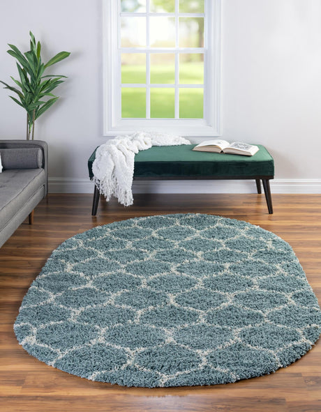 Light Blue 4' x 6' Trellis Shag Oval Area Rug Thick Soft Touch Fluffy & Plush Shaggy Pile