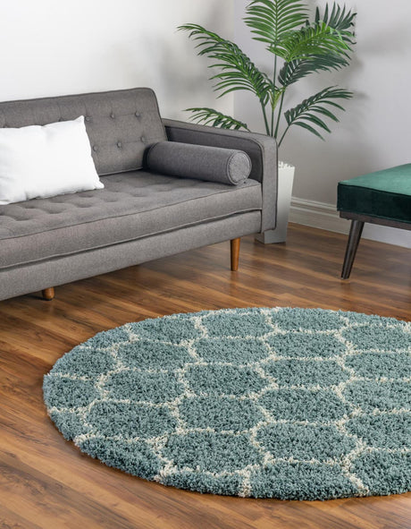Light Blue 6' x 6' Trellis Shag Round Area Rug Thick Soft Touch Fluffy & Plush Shaggy Pile