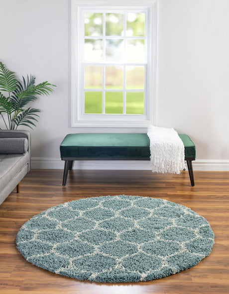Light Blue 6' x 6' Trellis Shag Round Area Rug Thick Soft Touch Fluffy & Plush Shaggy Pile
