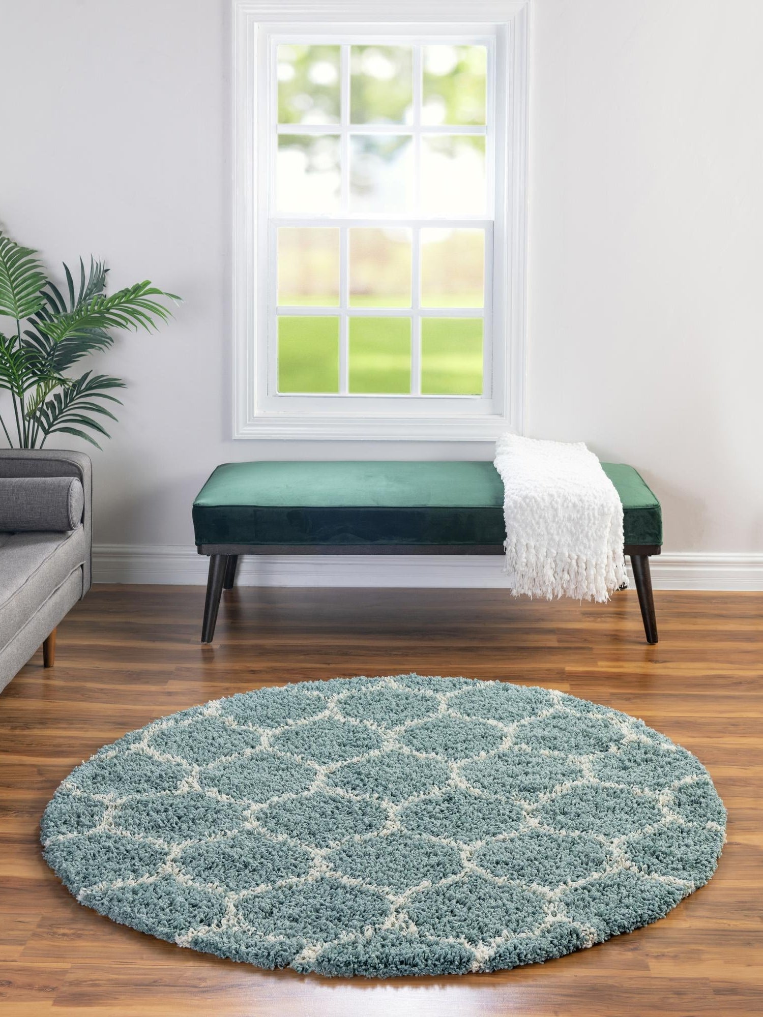 Light Blue 10' x 10' Trellis Shag Round Area Rug Thick Soft Touch Fluffy & Plush Shaggy Pile Geometric Modern Unique Carpet for Home Interior Design for Sale at Rug Engine