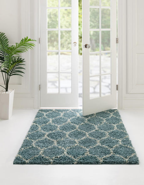 Light Blue 3' 3 x 3' 3 Trellis Shag Square Area Rug Thick Soft Touch Fluffy & Plush Shaggy Pile