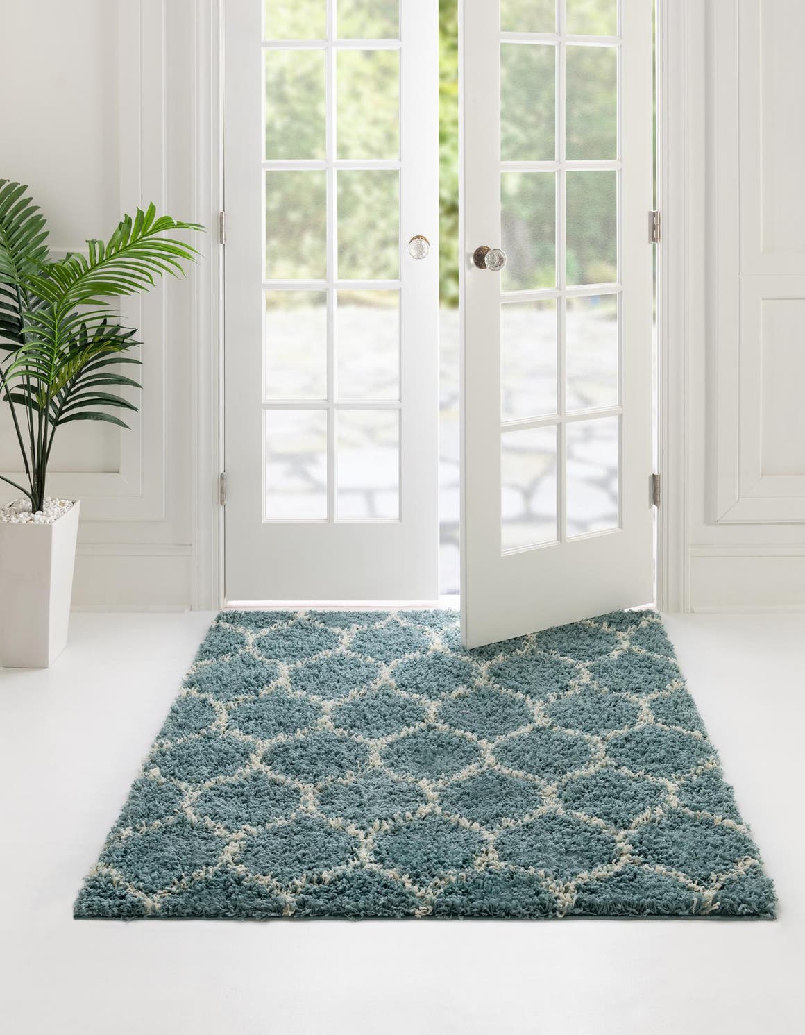 Light Blue 4' x 4' Trellis Shag Square Area Rug Thick Soft Touch Fluffy & Plush Shaggy Pile Geometric Modern Unique Carpet for Home Interior Design for Sale at Rug Engine