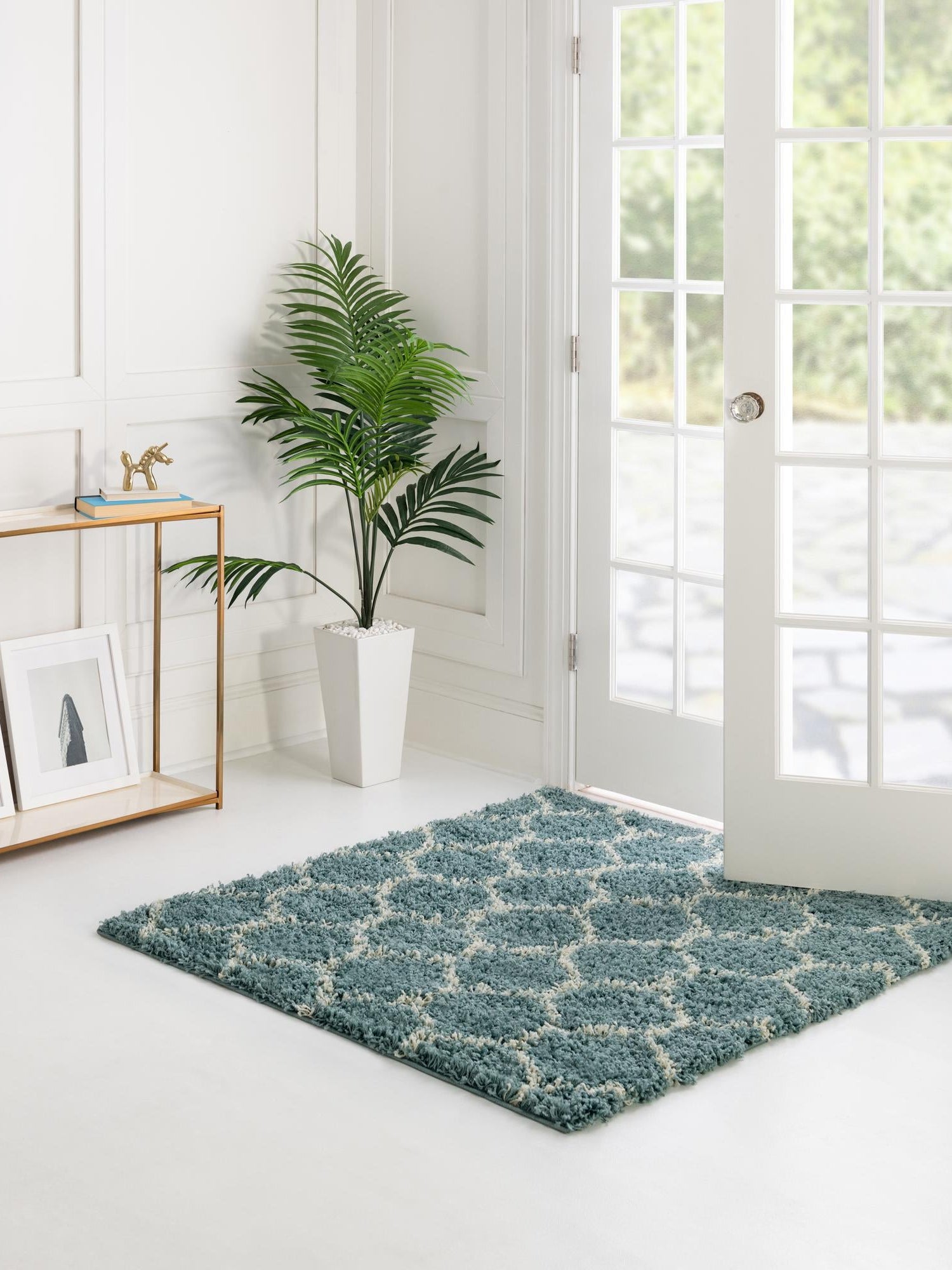 Light Blue 5' 3 x 5' 3 Trellis Shag Square Area Rug Thick Soft Touch Fluffy & Plush Shaggy Pile Geometric Modern Unique Carpet for Home Interior Design for Sale at Rug Engine