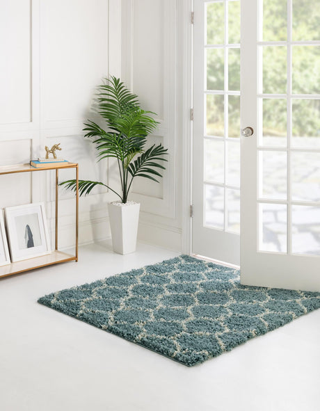 Light Blue 3' 3 x 3' 3 Trellis Shag Square Area Rug Thick Soft Touch Fluffy & Plush Shaggy Pile