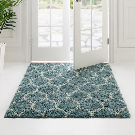 Light Blue 7' 10 x 7' 10 Trellis Shag Square Area Rug Thick Soft Touch Fluffy & Plush Shaggy Pile Geometric Modern Unique Carpet for Home Interior Design for Sale at Rug Engine