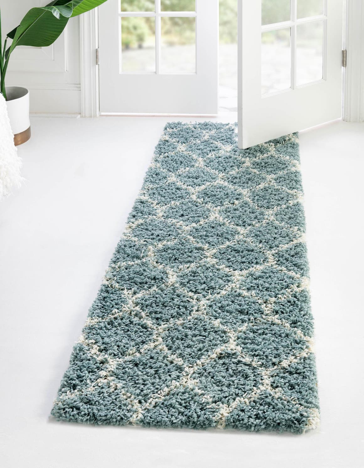 Light Blue 3' 3 x 16' 5 Trellis Shag Runner Area Rug Thick Soft Touch Fluffy & Plush Shaggy Pile Geometric Modern Unique Carpet for Home Interior Design for Sale at Rug Engine