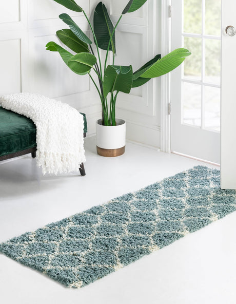 Light Blue 3' 3 x 16' 5 Trellis Shag Runner Area Rug Thick Soft Touch Fluffy & Plush Shaggy Pile