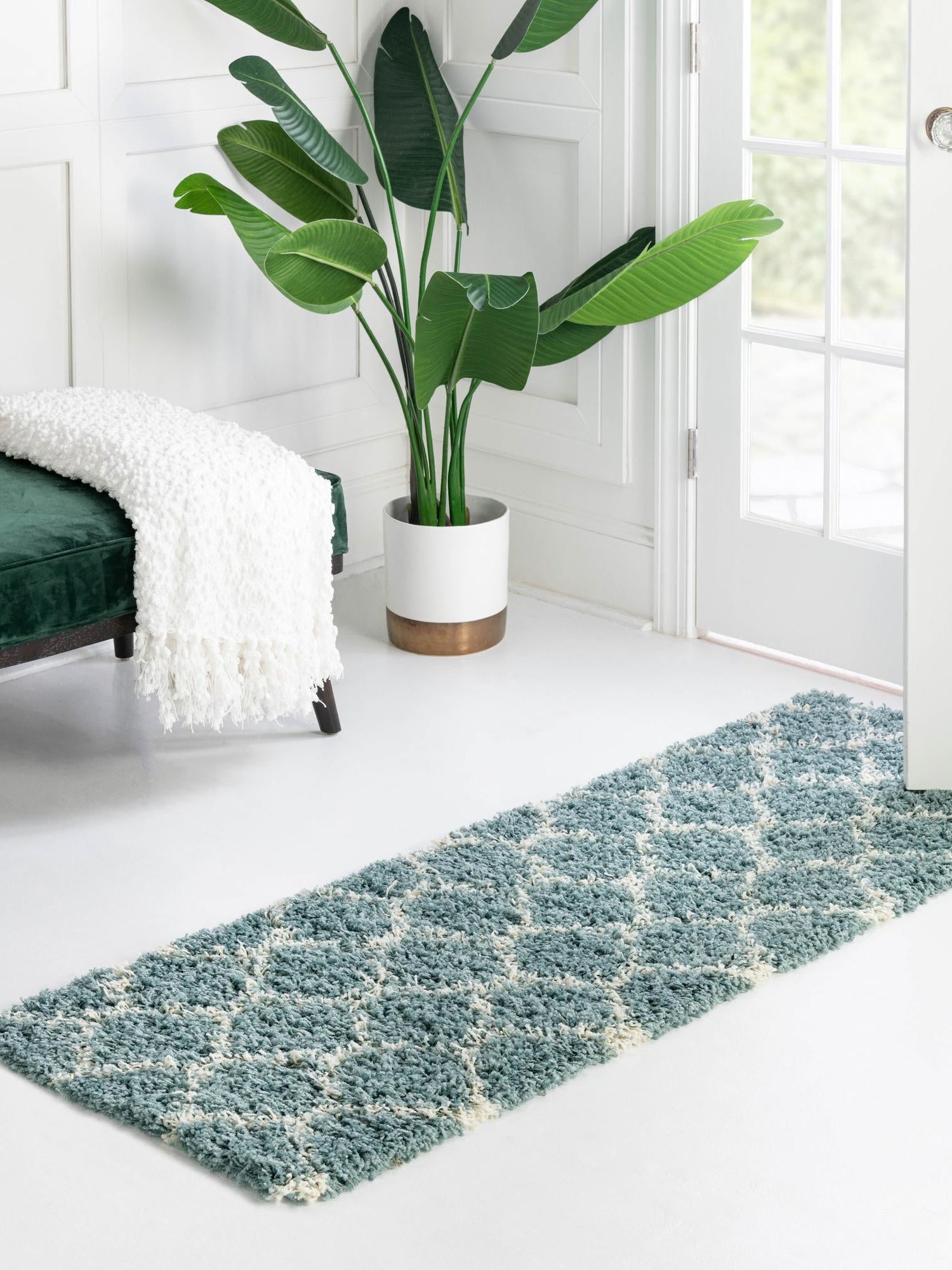 Light Blue 2' x 7' Trellis Shag Runner Area Rug Thick Soft Touch Fluffy & Plush Shaggy Pile Geometric Modern Unique Carpet for Home Interior Design for Sale at Rug Engine