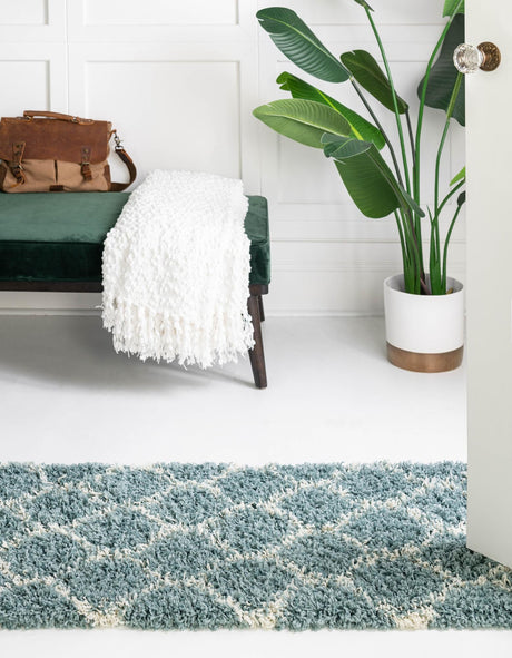Light Blue 3' 3 x 16' 5 Trellis Shag Runner Area Rug Thick Soft Touch Fluffy & Plush Shaggy Pile Geometric Modern Unique Carpet for Home Interior Design for Sale at Rug Engine