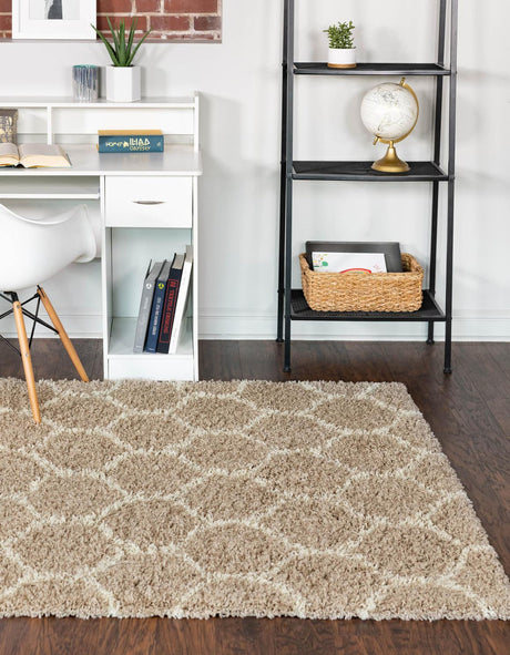 Light Brown 4' x 6' Trellis Shag Rectangle Area Rug Thick Soft Touch Fluffy & Plush Shaggy Pile