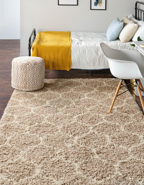Light Brown 4' x 6' Trellis Shag Rectangle Area Rug Thick Soft Touch Fluffy & Plush Shaggy Pile