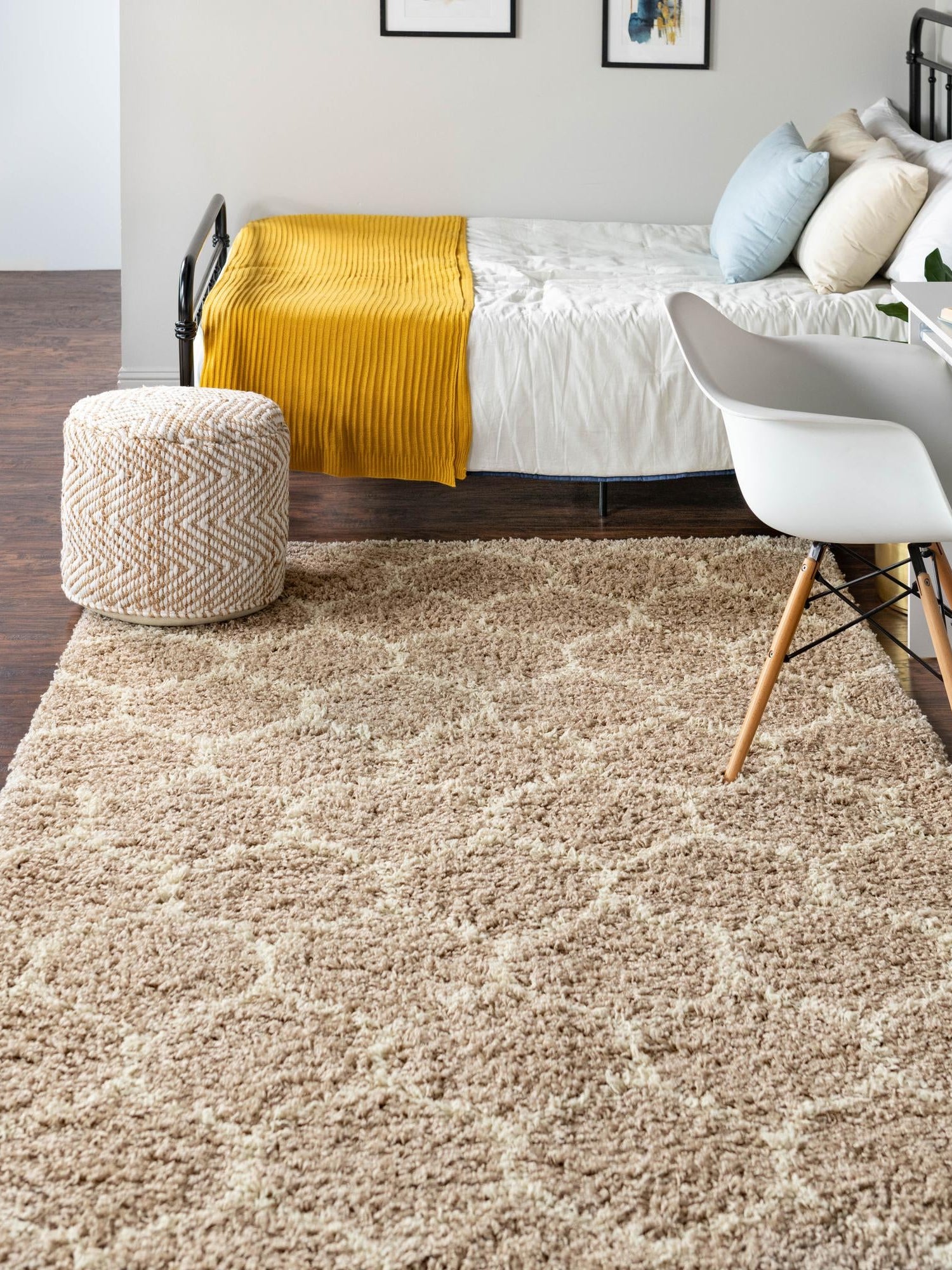 Light Brown 10' x 13' Trellis Shag Rectangle Area Rug Thick Soft Touch Fluffy & Plush Shaggy Pile Geometric Modern Unique Carpet for Home Interior Design for Sale at Rug Engine
