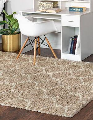 Light Brown 4' x 6' Trellis Shag Rectangle Area Rug Thick Soft Touch Fluffy & Plush Shaggy Pile