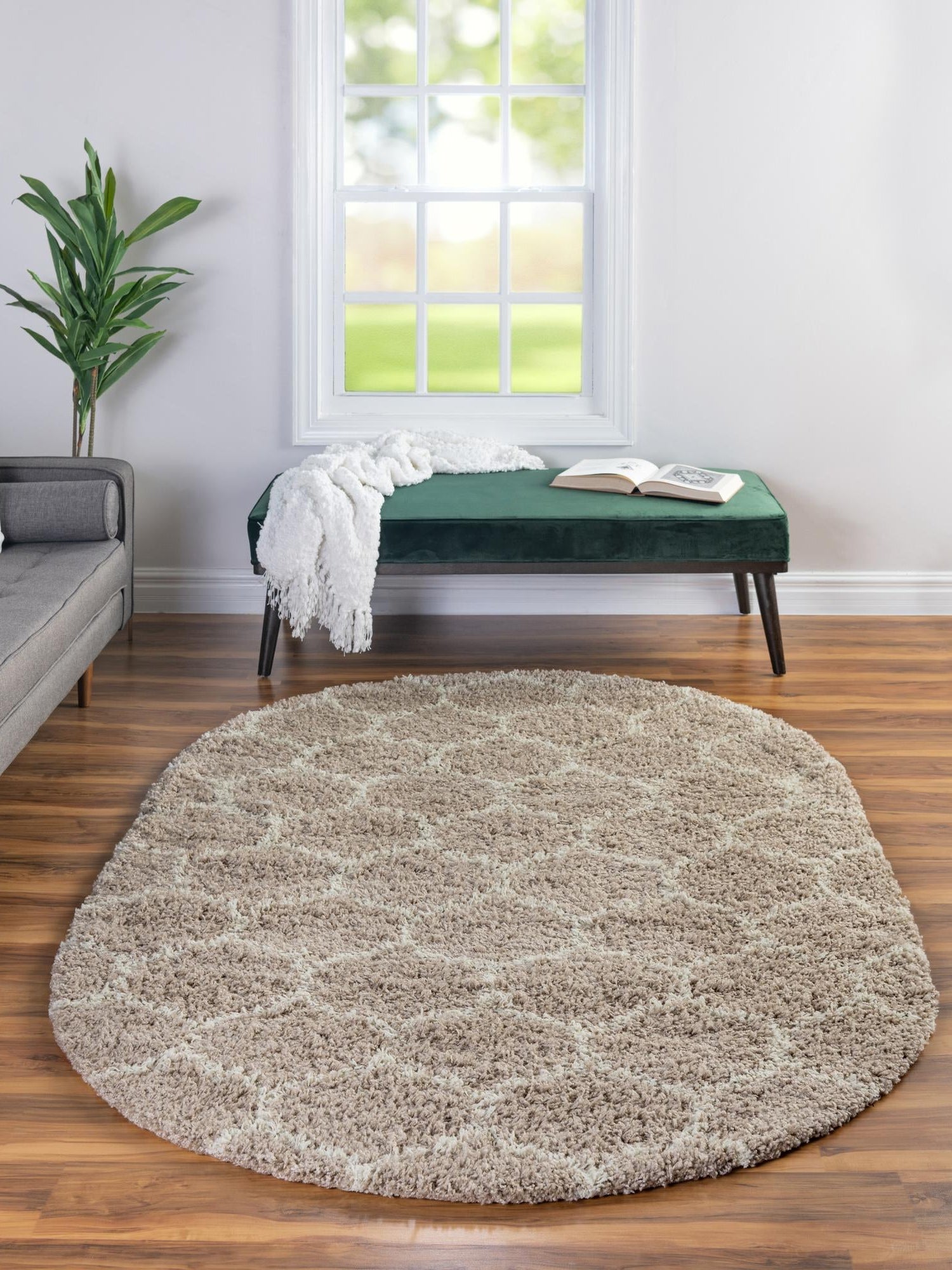 Light Brown 7' 10 x 10' Trellis Shag Oval Area Rug Thick Soft Touch Fluffy & Plush Shaggy Pile Geometric Modern Unique Carpet for Home Interior Design for Sale at Rug Engine