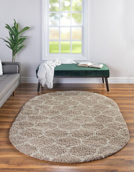 Light Brown 5' 3 x 8' Trellis Shag Oval Area Rug Thick Soft Touch Fluffy & Plush Shaggy Pile